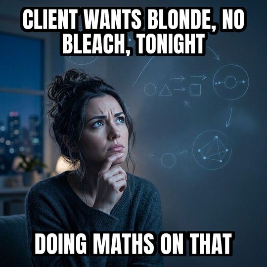 Math Lady meme: Client wants blonde, no bleach, tonight / Doing maths on that