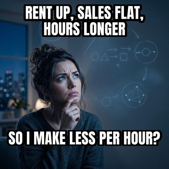 Math Lady meme: Rent up, sales flat, hours longer / So I make less per hour?