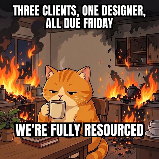 This Is Fine meme: Three clients, one designer, all due Friday / We're fully resourced