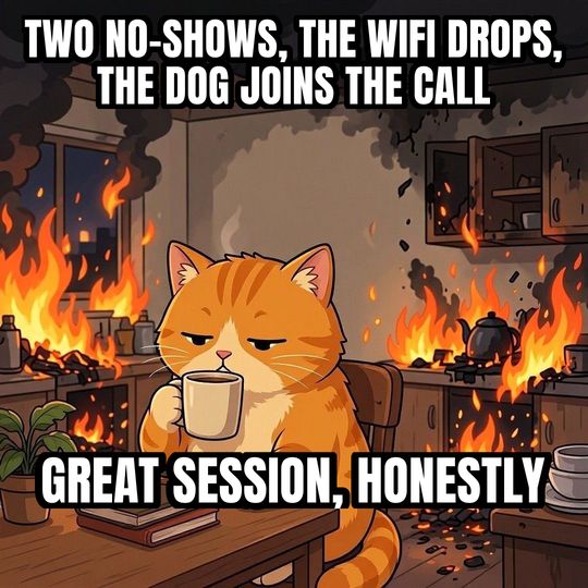 This Is Fine meme: Two no-shows, the wifi drops, the dog joins the call / Great session, honestly
