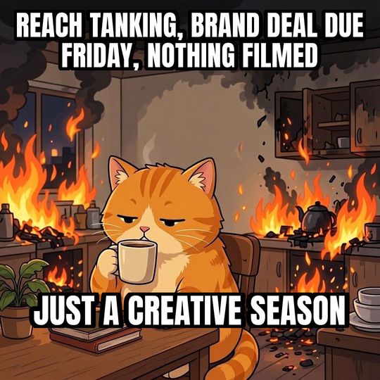 This Is Fine meme: Reach tanking, brand deal due Friday, nothing filmed / Just a creative season