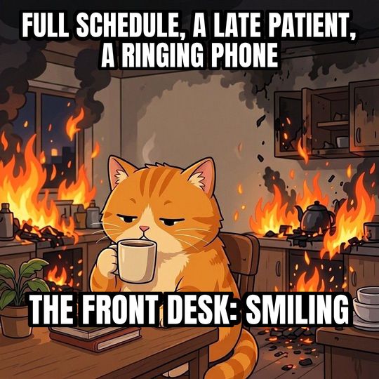 This Is Fine meme: Full schedule, a late patient, a ringing phone / The front desk: smiling