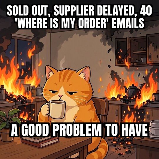 This Is Fine meme: Sold out, supplier delayed, 40 'where is my order' emails / A good problem to have