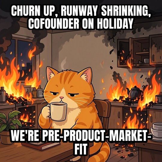 This Is Fine meme: Churn up, runway shrinking, cofounder on holiday / We're pre-product-market-fit