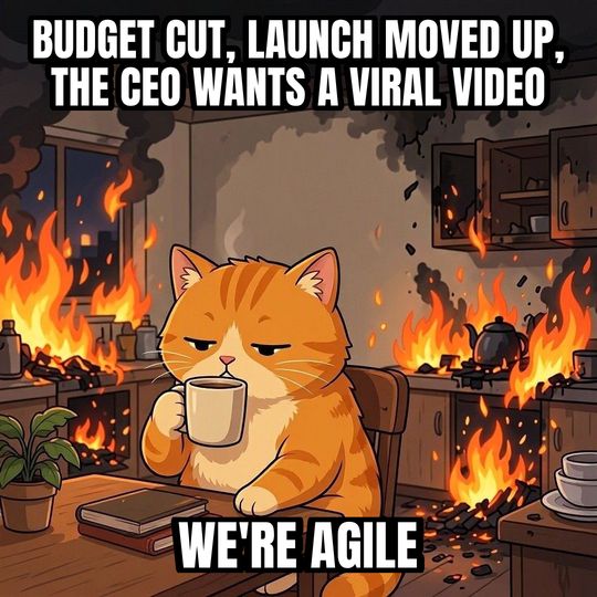 This Is Fine meme: Budget cut, launch moved up, the CEO wants a viral video / We're agile
