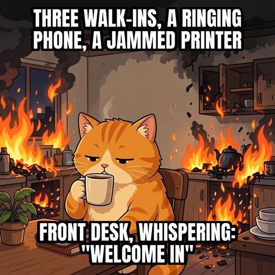 This Is Fine meme: Three walk-ins, a ringing phone, a jammed printer / Front desk, whispering: "Welcome in"