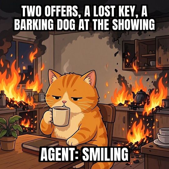 This Is Fine meme: Two offers, a lost key, a barking dog at the showing / Agent: smiling