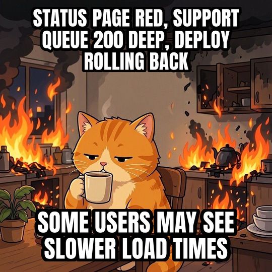 This Is Fine meme: Status page red, support queue 200 deep, deploy rolling back / Some users may see slower load times