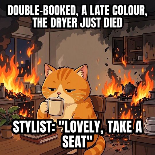 This Is Fine meme: Double-booked, a late colour, the dryer just died / Stylist: "Lovely, take a seat"