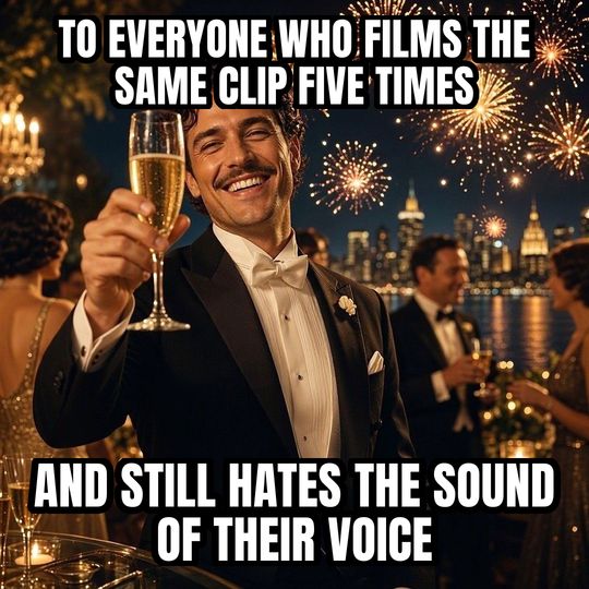 Cheers meme: To everyone who films the same clip five times / And still hates the sound of their voice