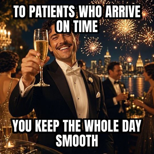 Cheers meme: To patients who arrive on time / You keep the whole day smooth