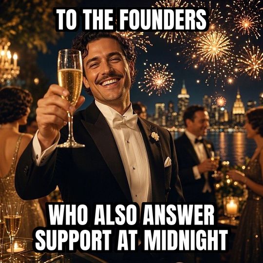 Cheers meme: To the founders / Who also answer support at midnight