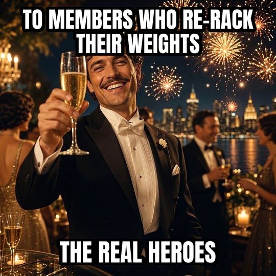 Cheers meme: To members who re-rack their weights / The real heroes