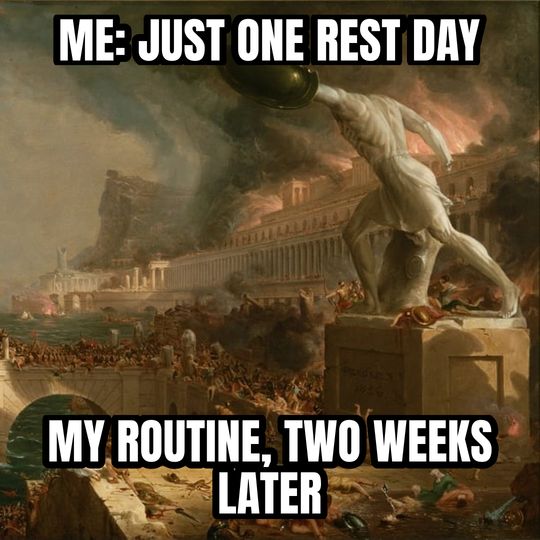 Everything is under control meme: Me: just one rest day / My routine, two weeks later