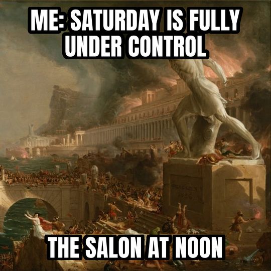 Everything is under control meme: Me: Saturday is fully under control / The salon at noon
