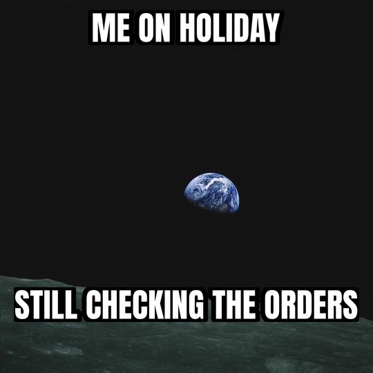 Earthrise meme: Me on holiday / Still checking the orders