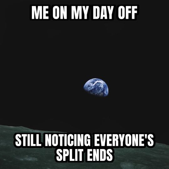Earthrise meme: Me on my day off / Still noticing everyone's split ends