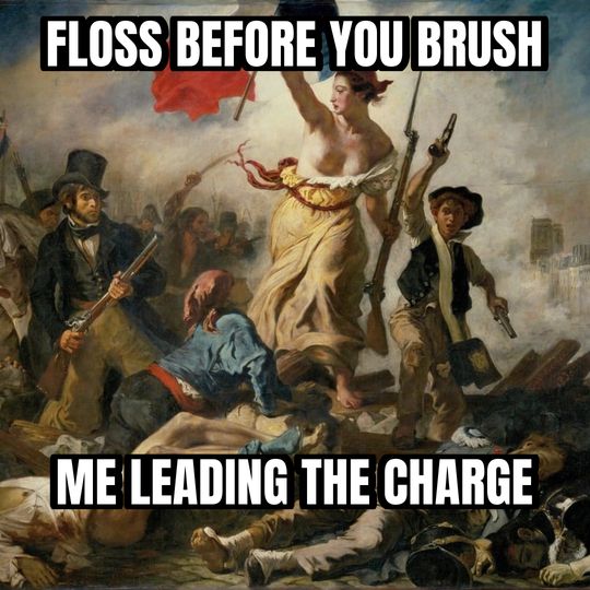 Liberty leading the people meme: Floss before you brush / Me leading the charge