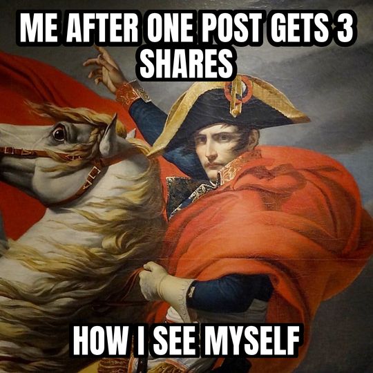 Napoleon crossing the Alps meme: Me after one post gets 3 shares / How I see myself