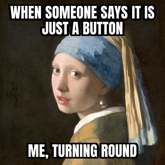 Girl with a Pearl Earring meme: When someone says it is just a button / Me, turning round