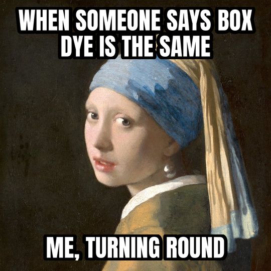 Girl with a Pearl Earring meme: When someone says box dye is the same / Me, turning round