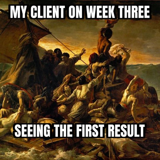 Raft of the Medusa meme: My client on week three / Seeing the first result