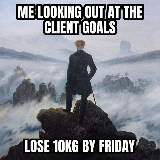 Wanderer above the fog meme: Me looking out at the client goals / Lose 10kg by Friday