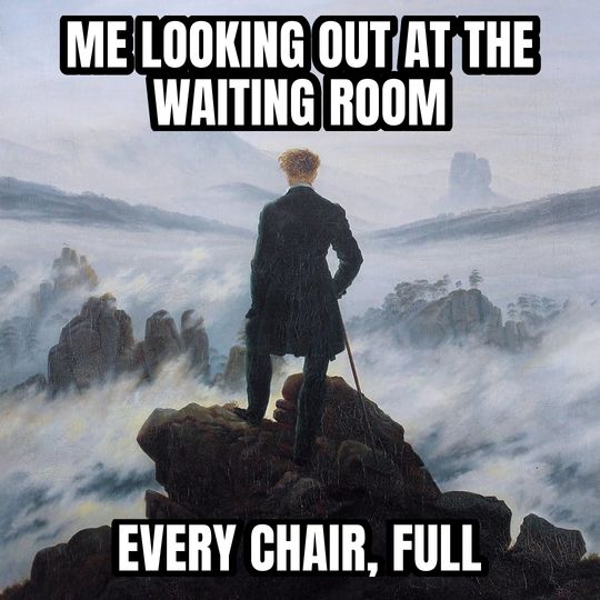 Wanderer above the fog meme: Me looking out at the waiting room / Every chair, full