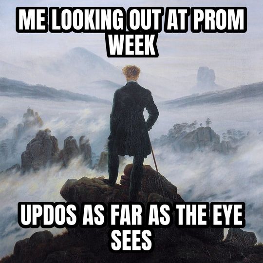 Wanderer above the fog meme: Me looking out at prom week / Updos as far as the eye sees