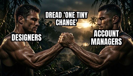 Epic Handshake meme: Designers / Account managers / Dread 'one tiny change'