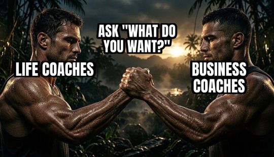 Epic Handshake meme: Life coaches / Business coaches / Ask "what do you want?"