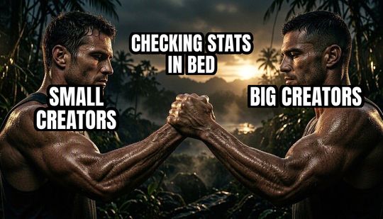 Epic Handshake meme: Small creators / Big creators / Checking stats in bed