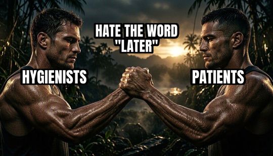 Epic Handshake meme: Hygienists / Patients / Hate the word "later"