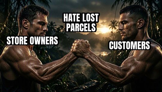 Epic Handshake meme: Store owners / Customers / Hate lost parcels