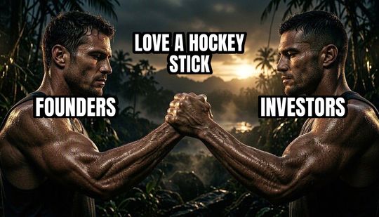 Epic Handshake meme: Founders / Investors / Love a hockey stick