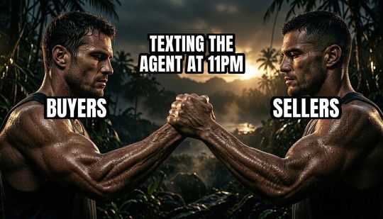 Epic Handshake meme: Buyers / Sellers / Texting the agent at 11pm