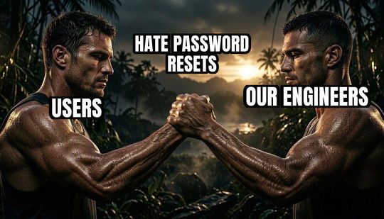 Epic Handshake meme: Users / Our engineers / Hate password resets
