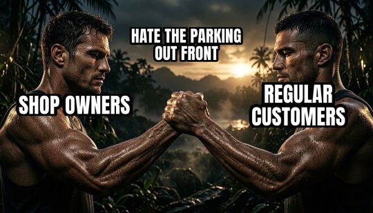 Epic Handshake meme: Shop owners / Regular customers / Hate the parking out front