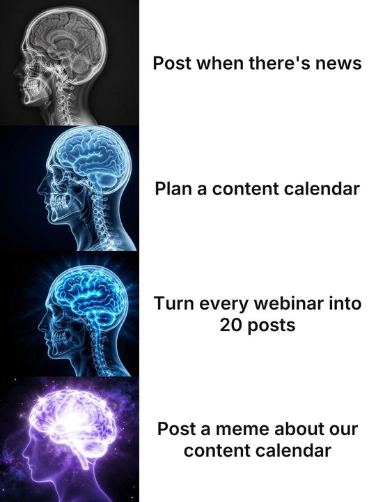 Expanding Brain meme: Post when there's news / Plan a content calendar / Turn every webinar into 20 posts / Post a meme about our content calendar