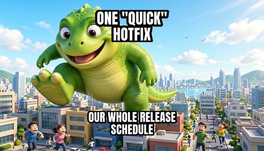 Giant Monster Attack meme: One "quick" hotfix / Our whole release schedule