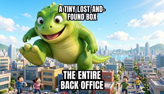 Giant Monster Attack meme: A tiny lost-and-found box / The entire back office