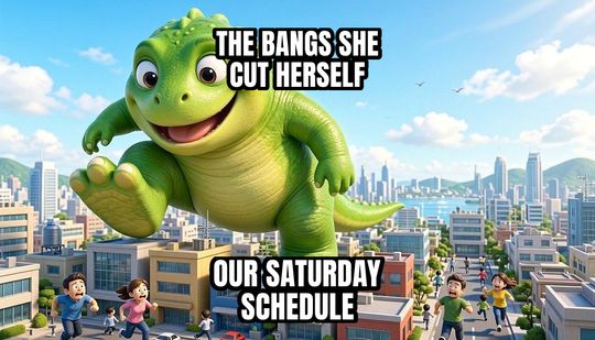 Giant Monster Attack meme: The bangs she cut herself / Our Saturday schedule