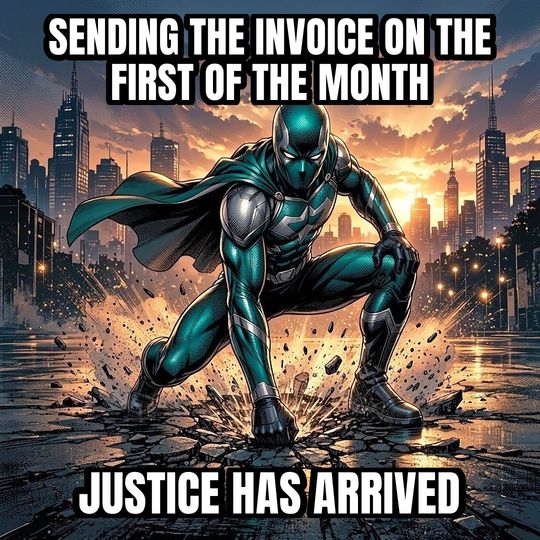 Superhero Landing meme: Sending the invoice on the first of the month / Justice has arrived