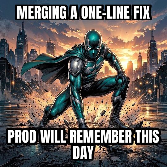 Superhero Landing meme: Merging a one-line fix / Prod will remember this day