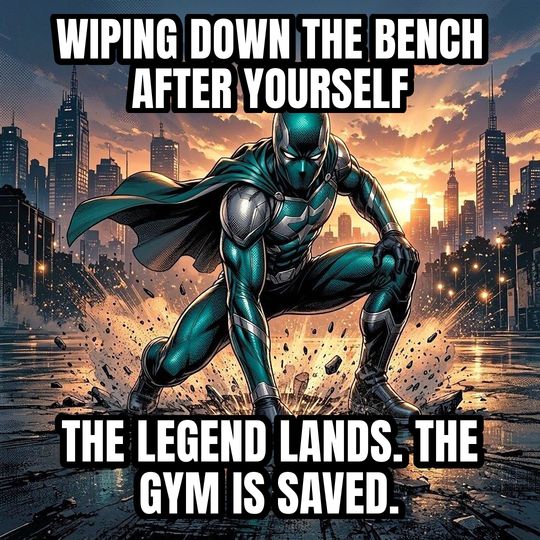 Superhero Landing meme: Wiping down the bench after yourself / The legend lands. The gym is saved.