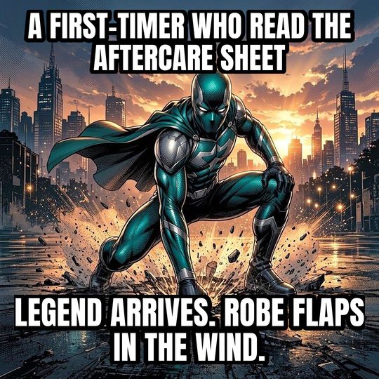 Superhero Landing meme: A first-timer who read the aftercare sheet / Legend arrives. Robe flaps in the wind.