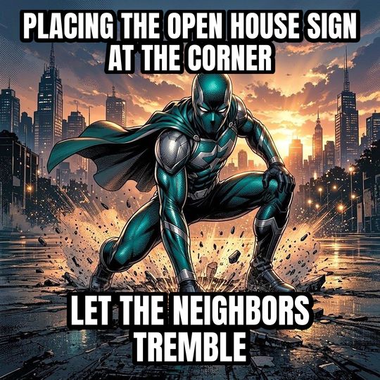 Superhero Landing meme: Placing the open house sign at the corner / Let the neighbors tremble