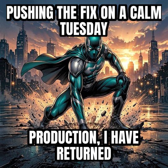 Superhero Landing meme: Pushing the fix on a calm Tuesday / Production, I have returned