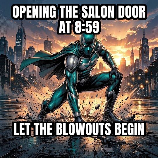 Superhero Landing meme: Opening the salon door at 8:59 / Let the blowouts begin
