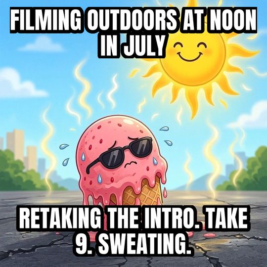 Melting in the Heat meme: Filming outdoors at noon in July / Retaking the intro. Take 9. Sweating.